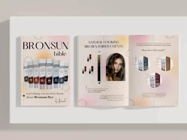 BRONSUN BIBLE E-Book, an educational guide by BROWED on Bronsun Hybrid Dye, covering tinting theory, color ingredients, and product selection for clients