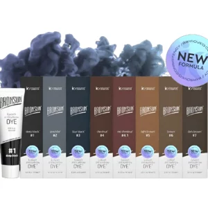 Full Bronsun hybrid dye color range for eyebrows and eyelashes, featuring improved formula and 8 shades, including deep black and chestnut