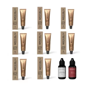 Bronsun Hybrid Gel Dye kit with full shade range, including black, brown, chestnut tones, cream developer 3% and dye remover for brows and lashes
