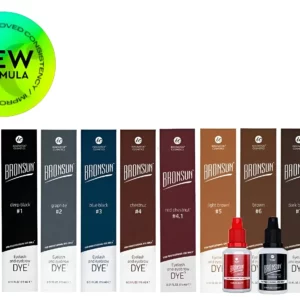 Bronsun Hybrid Gel Dye Kit with new formula featuring 8 vibrant colors: #1 Deep Black, #2 Graphite, #3 Blue Black, #4 Chestnut, #4.1 Red Chestnut, #5 Light Brown, #6 Brown, #7 Dark Brown), Milk-Cream Developer, and Dye Remover for long-lasting eyebrow and eyelash tinting