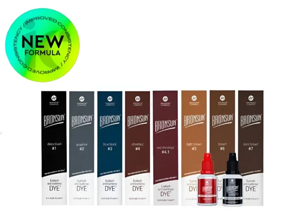 Bronsun Hybrid Gel Dye Kit with new formula featuring 8 vibrant colors: #1 Deep Black, #2 Graphite, #3 Blue Black, #4 Chestnut, #4.1 Red Chestnut, #5 Light Brown, #6 Brown, #7 Dark Brown), Milk-Cream Developer, and Dye Remover for long-lasting eyebrow and eyelash tinting