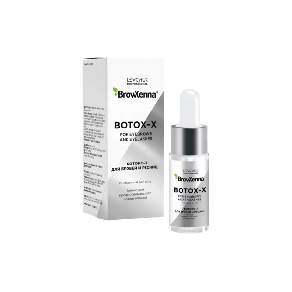 BrowXenna® BOTOX-X serum bottle with dropper dispensing a drop, designed for strengthening and nourishing brows and lashes