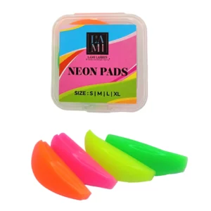 Lami Lashes neon lash lift pads set in four sizes (S, M, L, XL) in eco-friendly silicone with a colorful packaging. Suitable for various eyelash lengths