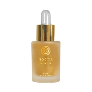 Goccia D'Oro Gold Treatment serum in a clear bottle with a dropper, designed for lash lift and brow lamination, featuring keratin and peptides to strengthen and repair natural hair