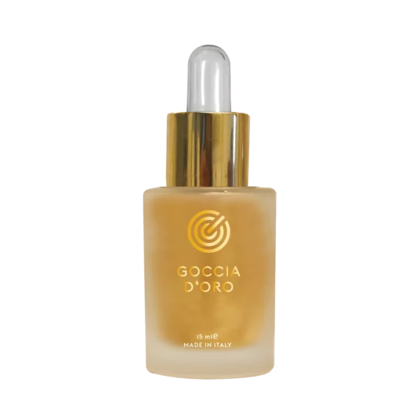 Goccia D'Oro Gold Treatment serum in a clear bottle with a dropper, designed for lash lift and brow lamination, featuring keratin and peptides to strengthen and repair natural hair