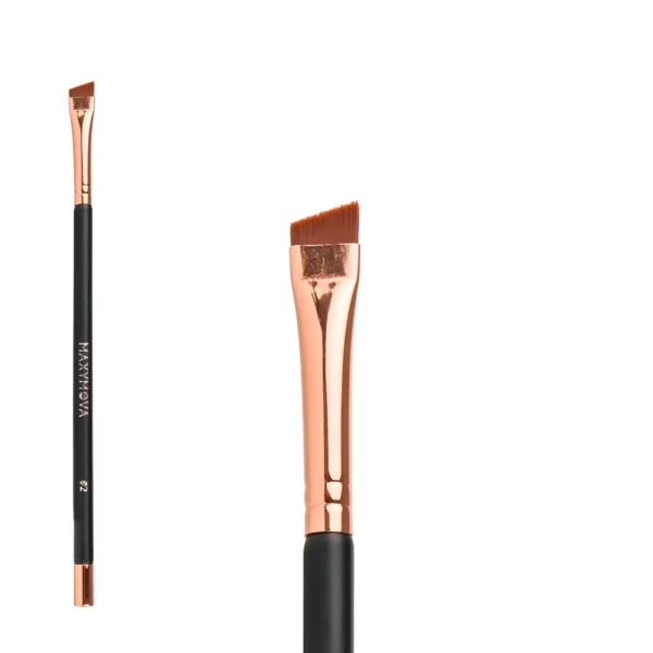 Maxymova Professional Brush N.2 with angled bristles for precise application of tint or henna on eyebrows, featuring a lightweight design and a durable black handle with rose gold accents