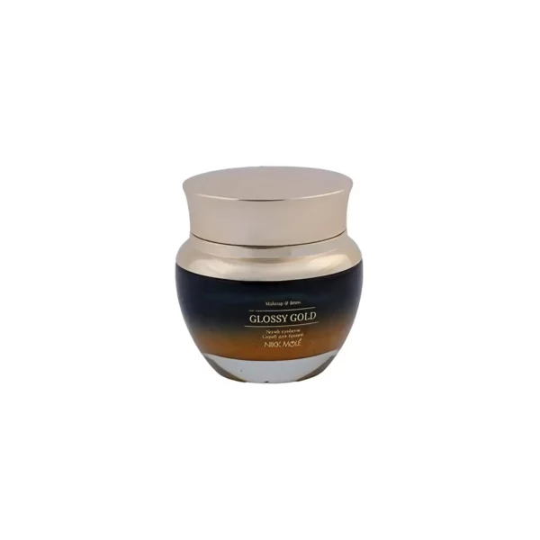 Nikk Mole Brow Scrub in Glossy Gold jar, a nourishing and exfoliating pre-treatment for eyebrows with natural ingredients like sea salt and coffee grains, suitable for all skin types