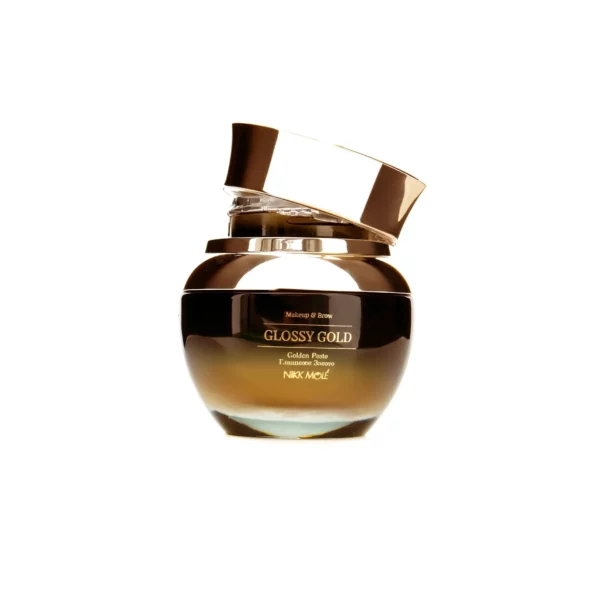 Nikk Mole Glossy Gold Brow Paste in a luxurious golden jar for precise eyebrow contouring