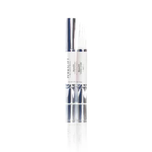 Two Permalift Brow Lift Fixing Lotion pens, one capped and one uncapped, designed as the second step in the brow lamination process to set brow hairs in their new shape