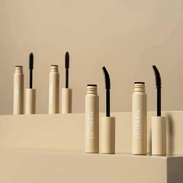 PERMALIFT lash lift mascara tubes in black, showcasing four wand styles for volume, curl, separation, and length