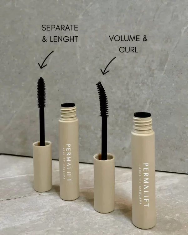 Four Permalift Lash Lift Mascaras displayed on a gray background, with applicators labeled for 'Separate & Length' and 'Volume & Curl,' highlighting their distinct benefits