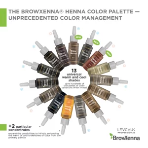 BrowXenna Henna eyebrow color palette featuring 13 universal warm and cool shades with two additional concentrates for customizable brow tinting