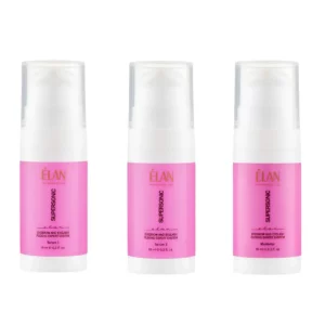 Élan Supersonic Expert System for brows and lashes featuring pink bottles of Serum 1, Serum 2, and Multifunctional Fixing Lotion