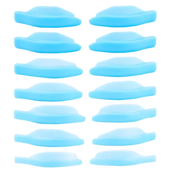 Close-up view of Katya Vinog sky blue lash lift shields arranged in multiple sizes, illustrating the flat hybrid design for achieving perfect curls