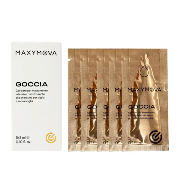 Maxymova Goccia D'Oro Gold Treatment serum sachets, enriched with keratin, peptides, and natural extracts for lash and brow strengthening and hydration