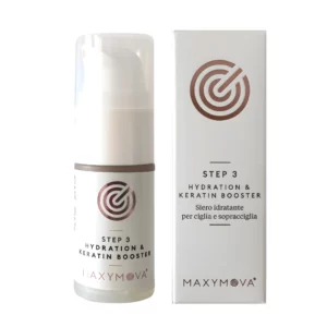 Maxymova Step 3 Hydration & Keratin Booster in pump dispenser, designed to moisturize and strengthen lashes and brows in the final step of the lamination process