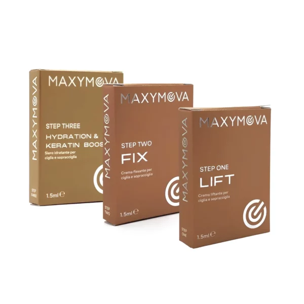 Three Maxymova lash lift and brow lamination boxes, labeled Step One 'Lift,' Step Two 'Fix,' and Step Three 'Hydration & Keratin Boost,' in earthy brown tones with metallic accents