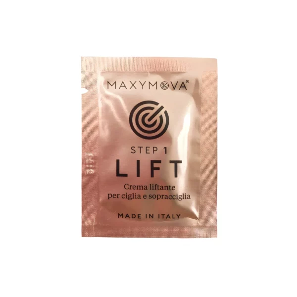 Maxymova Step 1 Lift sachet, a lifting cream for eyelash and eyebrow lamination, labeled in Italian, in a metallic rose-colored packet