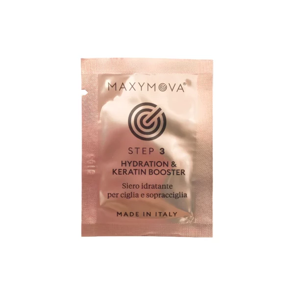 Maxymova Step 3 Hydration & Keratin Booster sachet in metallic rose, a moisturizing serum for eyelash and brow lamination, restores and nourishes hair