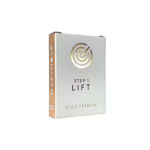 Maxymova Step 1 Lift box for eyelash and brow lamination, containing 5 sachets, initiates the lifting process to reshape lashes and brows with a gentle, effective formula