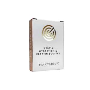 Maxymova Step 3 Hydration & Keratin Booster box for eyelash and brow lamination, includes 5 sachets to nourish and fortify lashes and brows, enhancing moisture and strength for a healthy finish