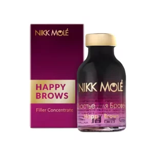 Nikk Mole Happy Brows Filler Concentrate bottle and packaging, a nourishing eyebrow restoration product