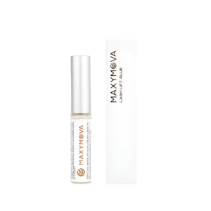 Maxymova water-soluble lash lift glue, latex-free and formaldehyde-free, for adhering lashes to silicone pads in lash lift procedures; easy to remove with water