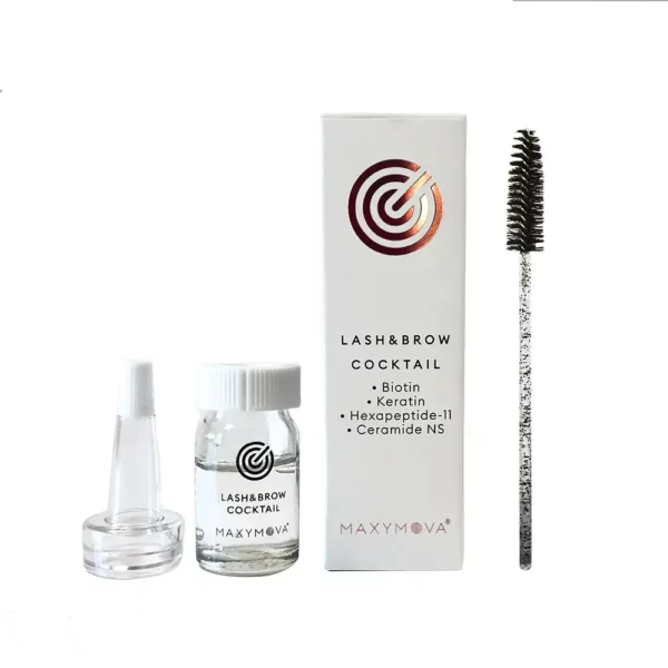 Maxymova Lash & Brow Cocktail for post-lamination care, featuring biotin, keratin, and ceramides to strengthen, nourish, and protect eyelashes and brows