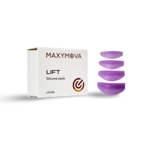 Maxymova Lash Lift Silicone Pads set with 4 pairs of hypoallergenic shields in purple, designed for comfortable lash lifting in sizes S1, M1, L1, and XL1, sterilizable for professional use