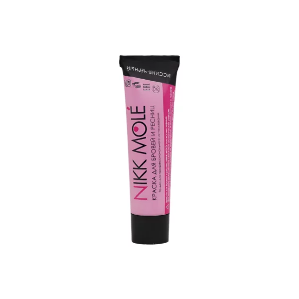 Close-up of a single tube of Nikk Mole Eyelash and Eyebrow Dye in sleek pink packaging, formulated for long-lasting color and nourishing benefits with keratin and hyaluronic acid