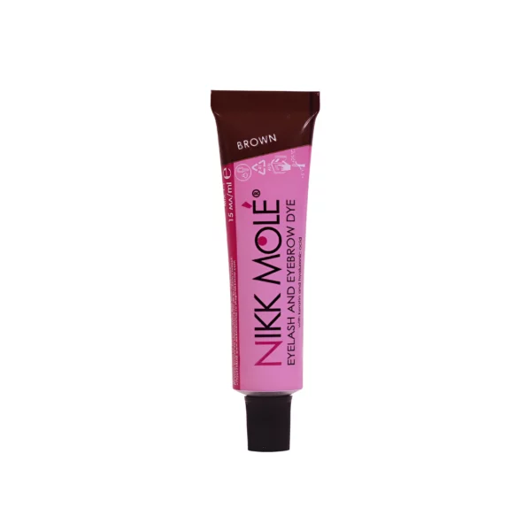 Nikk Mole Brown Eyelash and Eyebrow Dye tube, offering a natural brown shade for a defined yet soft eyebrow look, packaged in distinctive pink and brown