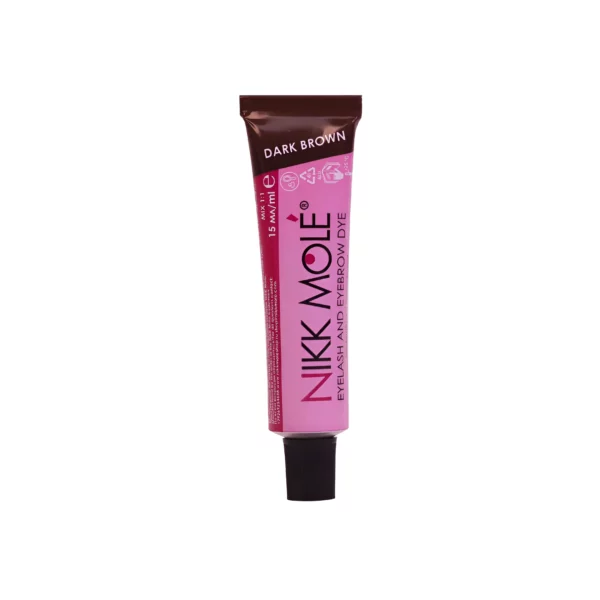 Nikk Mole Dark Brown Eyelash and Eyebrow Dye tube, ideal for creating intense brow color with added conditioning ingredients