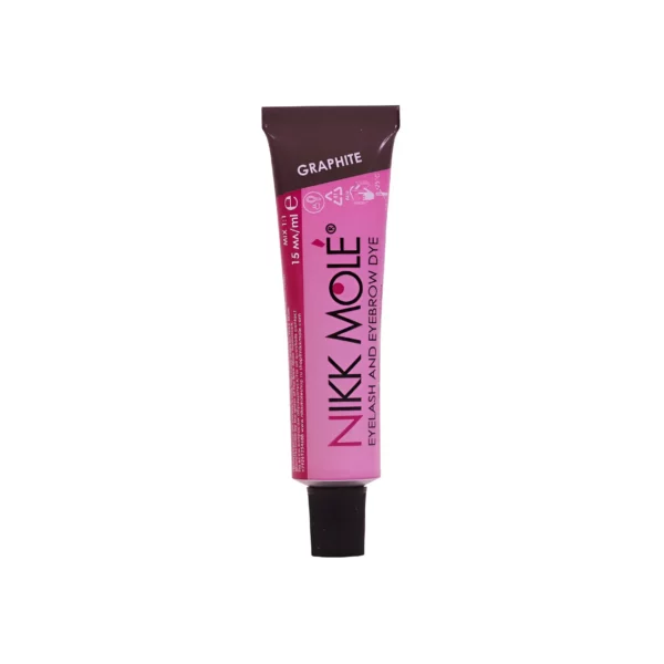 Nikk Mole Graphite Eyelash and Eyebrow Dye tube in pink and grey, designed to provide a cool-toned brow shade suitable for fair complexions or ashy hair colors