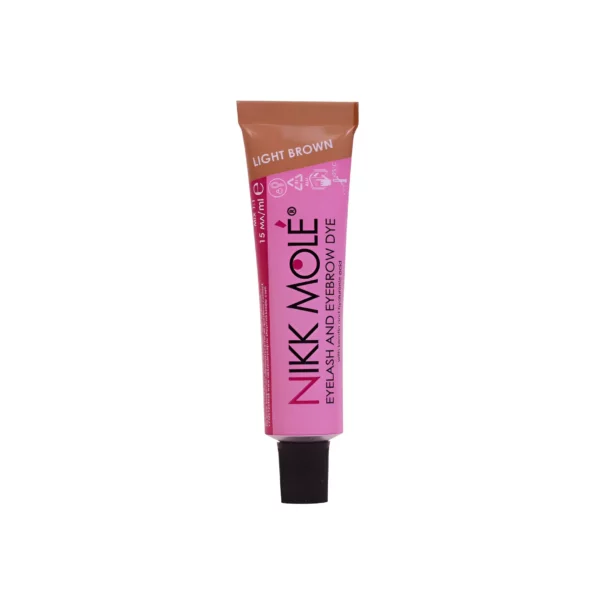 Nikk Mole Light Brown Eyelash and Eyebrow Dye tube, offering a gentle, warm-toned shade for a natural brow effect, ideal for blonde or light-brown hair