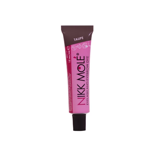 Nikk Mole Taupe Eyelash and Eyebrow Dye tube, a versatile neutral shade perfect for soft, natural brow looks, formulated for long-lasting results