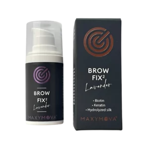 Maxymova Brow Fix Lavender Step 2, a keratin-rich neutralizing solution for brow lamination, shown with matching black packaging for effective eyebrow shaping