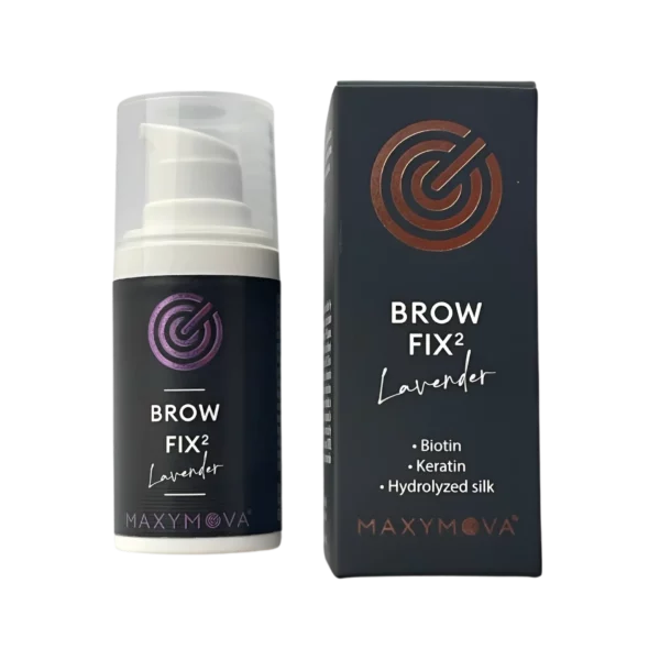 Maxymova Brow Fix Lavender Step 2, a keratin-rich neutralizing solution for brow lamination, shown with matching black packaging for effective eyebrow shaping