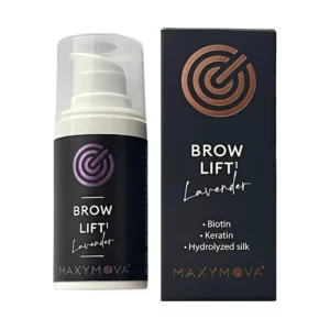 Maxymova Brow Lift Lavender Step 1 with biotin, keratin, and hydrolyzed silk, designed for eyebrow lifting and shaping, shown with matching black packaging and purple logo