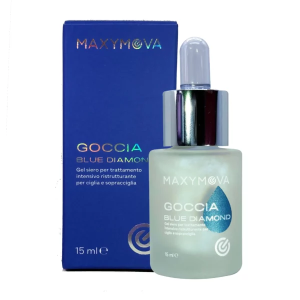 Maxymova Goccia Blue Diamond Lash Serum in 15 ml frosted glass bottle with silver dropper cap, next to a vibrant blue holographic box, designed for enhancing lash health and appearance