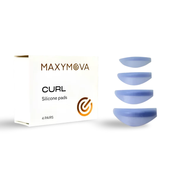 Maxymova Lash Curlers set with 4 pairs of baby blue silicone shields for curling natural lashes; includes sizes S, M, L, and XL, autoclave sterilizable