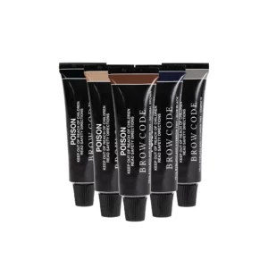 Brow Code Brow Tint set featuring five black tubes with color indicators on the caps, labeled for professional brow tinting