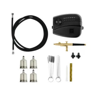 Brow Code Airbrush Machine Kit with compressor, gold airbrush pen, hose, cleaning tools, and four mixing cups, designed for precise brow tinting