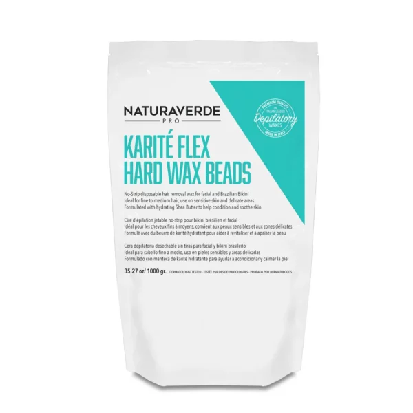 Naturaverde Pro Karité Flex Hard Wax Beads 1kg bag, formulated with shea butter to hydrate, soothe, and condition sensitive facial skin