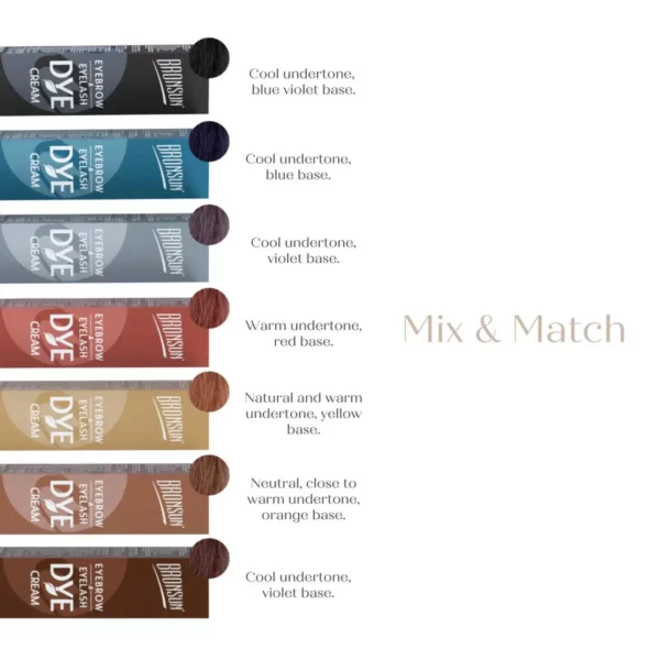 Bronsun Cream Dye color chart displaying seven shades with descriptions of undertones and base tones for eyebrow and eyelash tinting