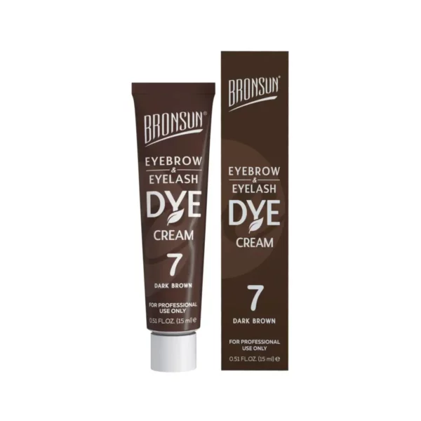 Bronsun Cream Dye in Dark Brown, a deep and long-lasting tint for eyebrows and eyelashes, displayed in a 15ml tube with matching box