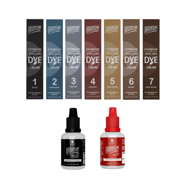 Bronsun Hybrid Cream Dye Kit featuring seven eyebrow and eyelash dye shades, developer, and dye remover for professional long-lasting tinting