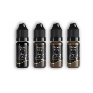 Etalon Mix Eyelids Pigments Set by Anna Usoltseva featuring four bottles in gradient shades from deep black to soft brown, designed for professional eyelid pigmentation treatments