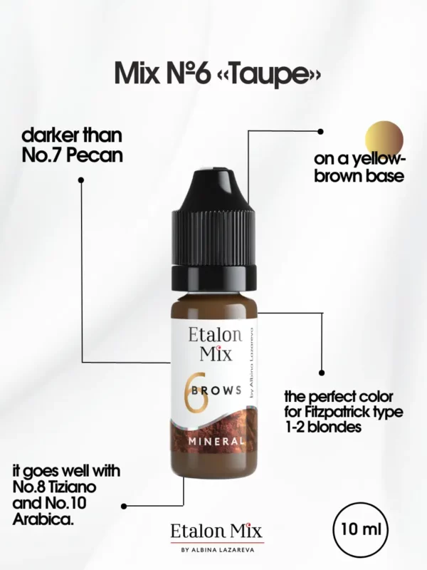 Etalon Mix Mineral Pigment No.6 Taupe offers a cool yellow-brown base ideal for blondes, Fitzpatrick 1–2, with soft and natural definition