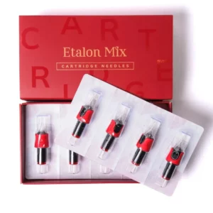 Etalon Mix PMU cartridge needles in a sleek red box. A professional set of high-precision, sterile needles for permanent makeup artists