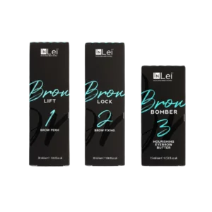 InLei Brow Bomber Lamination Kit featuring Brow Lift 1, Brow Lock 2, and Brow Bomber 3 solutions in sleek black packaging, designed for professional eyebrow perming, fixing, and nourishing treatments